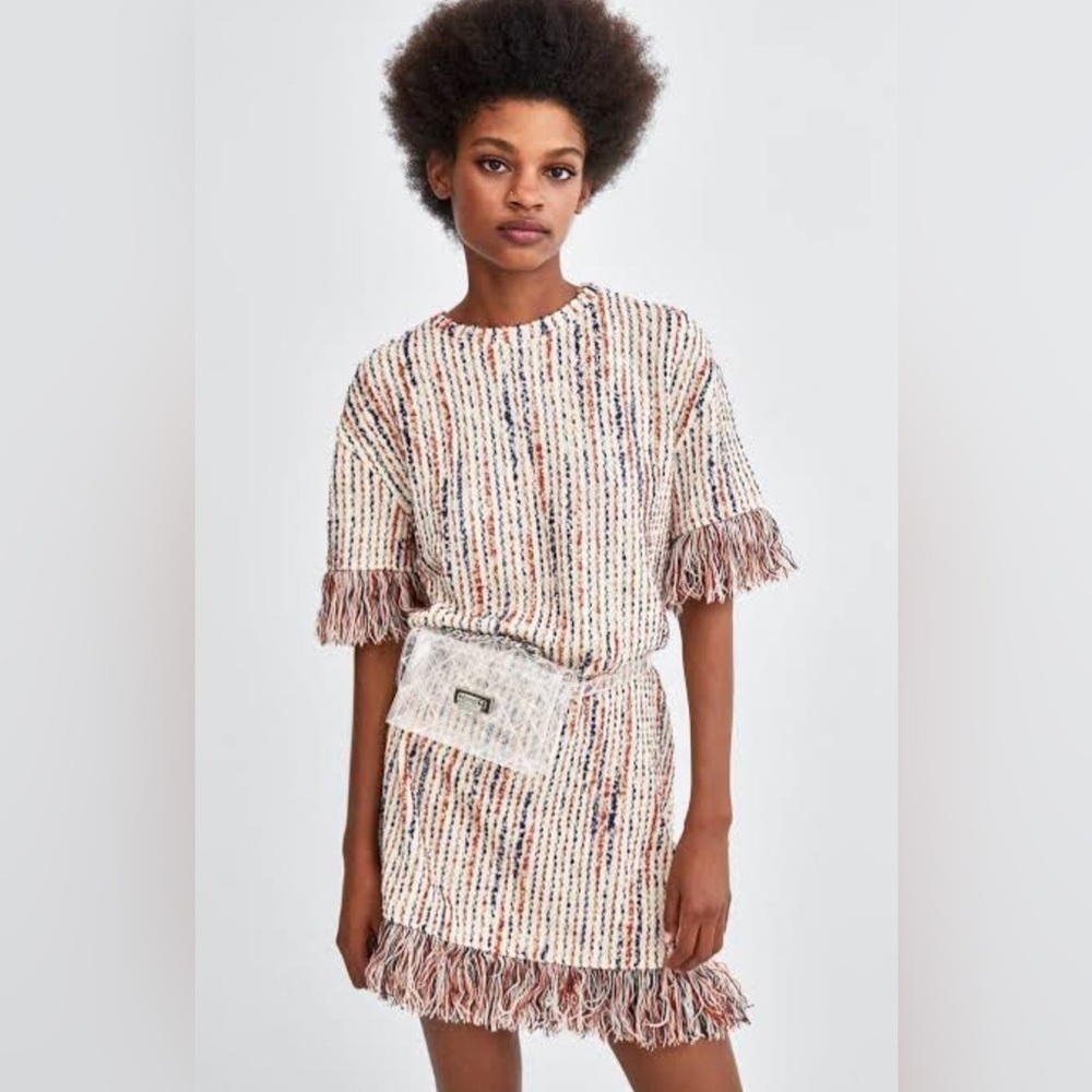 Zara Multicolor Tweed Mini Dress with Fringe